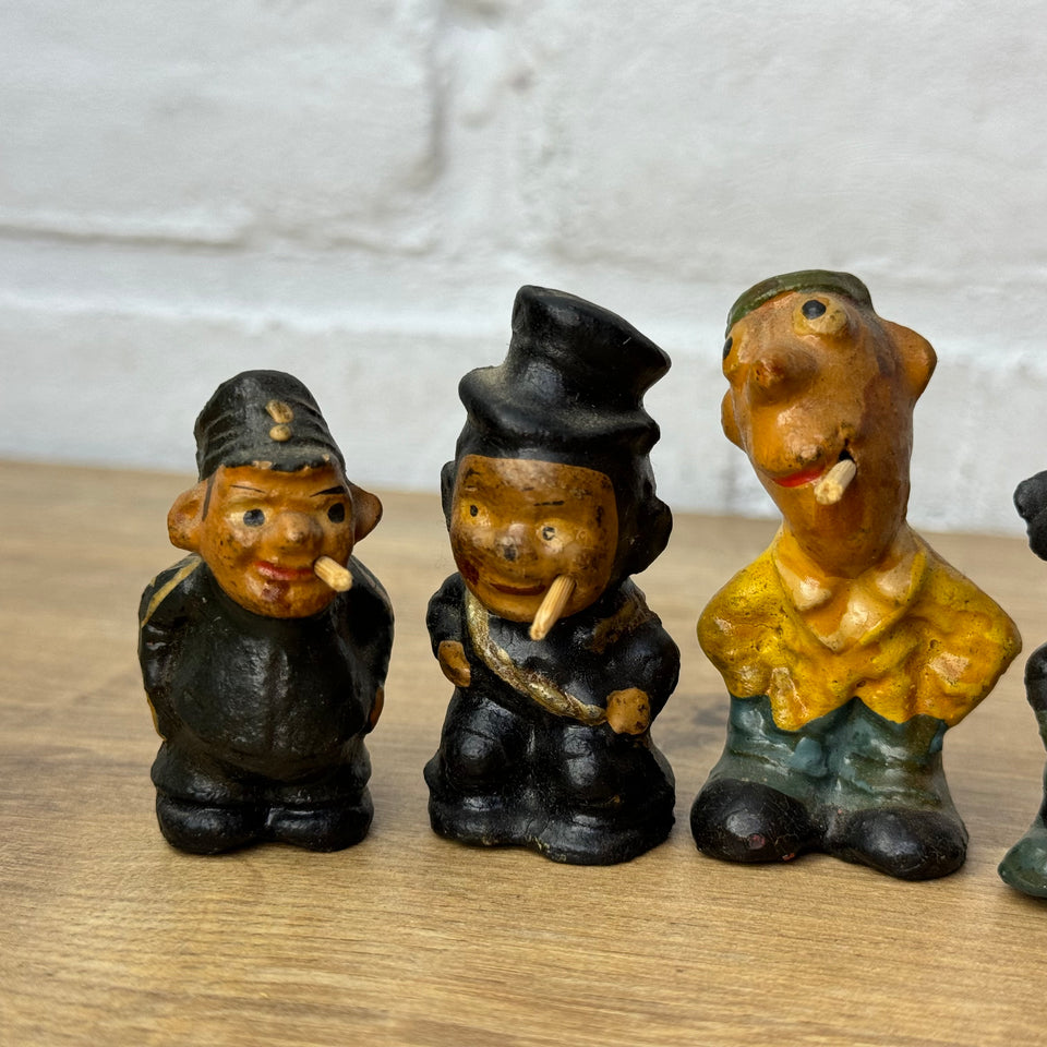 Large set of 6 figures - Stabchen Raucher Macky Smoker figurines and a antique smoking Mickey Mouse