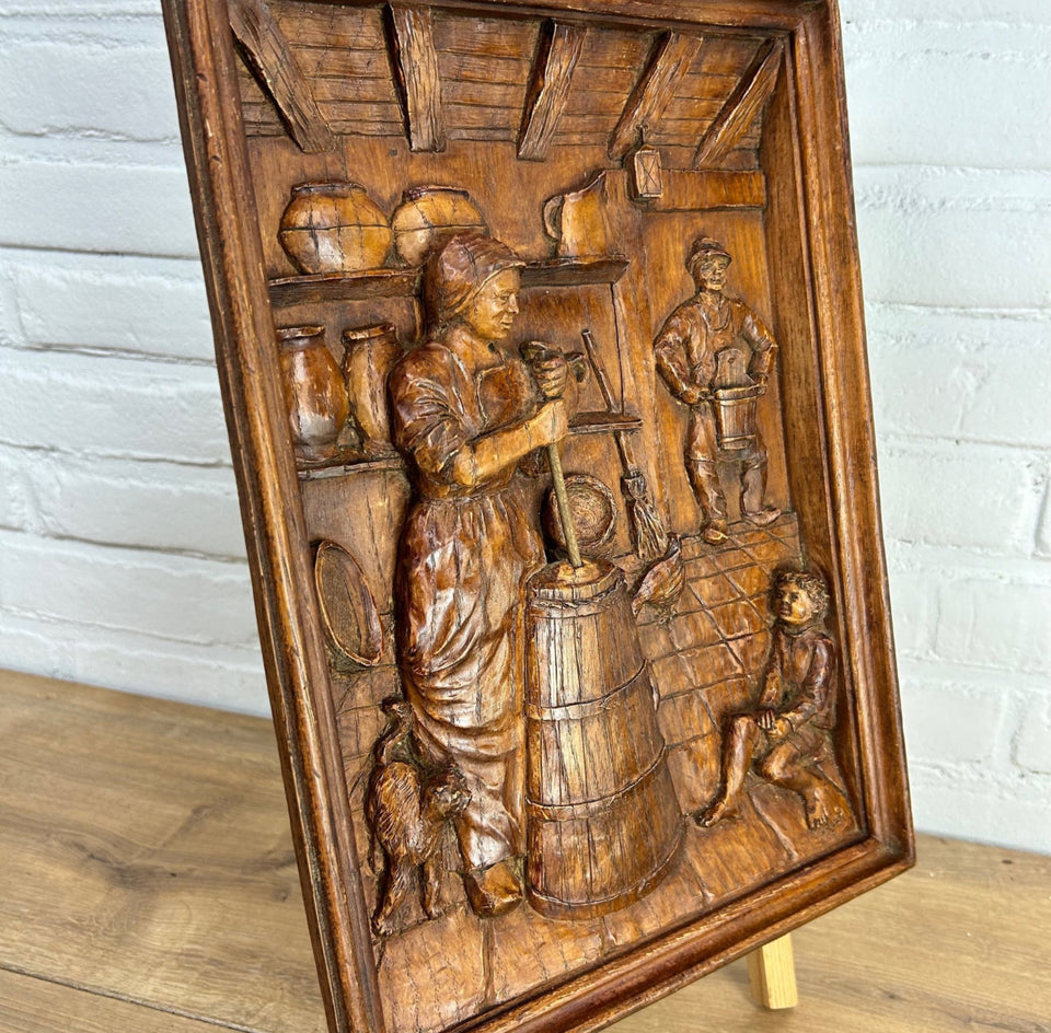 Mid 20th Century Black Forest Hand Carved Oak Panel by H. Mariot