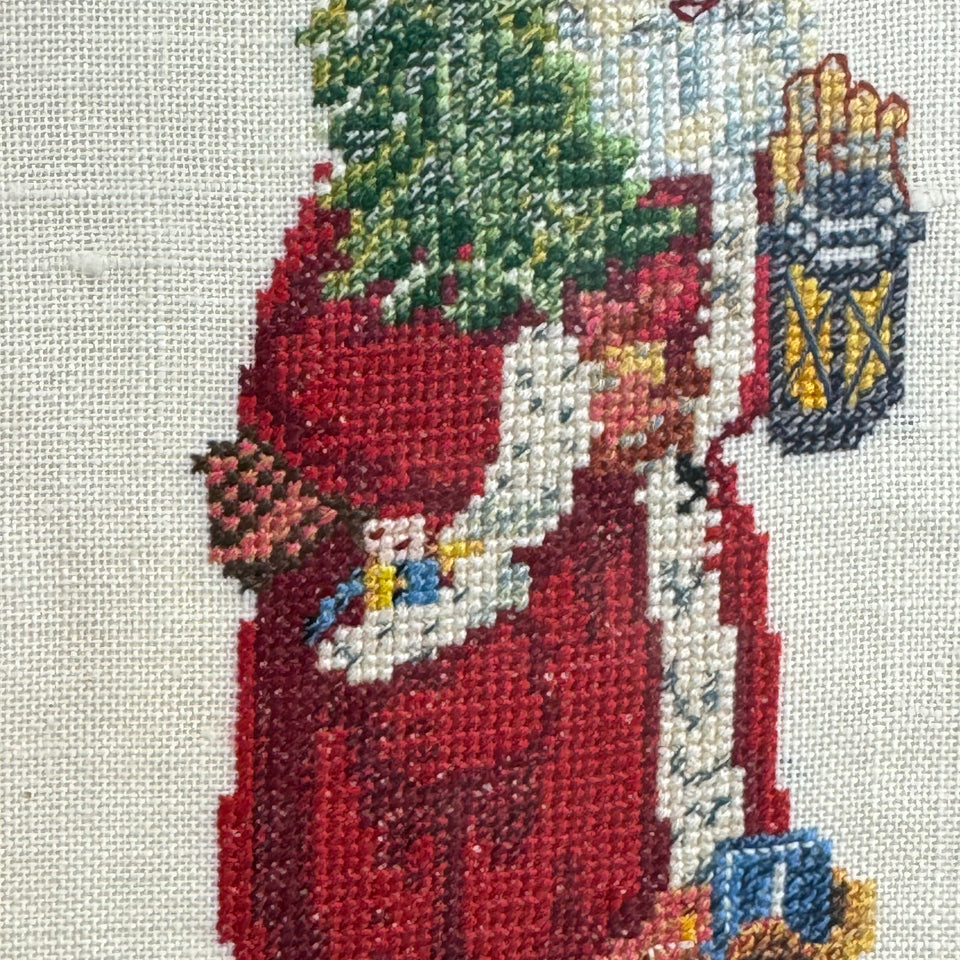 Vintage Santa needlepoint embroidery - Santa with Christmas tree and presents