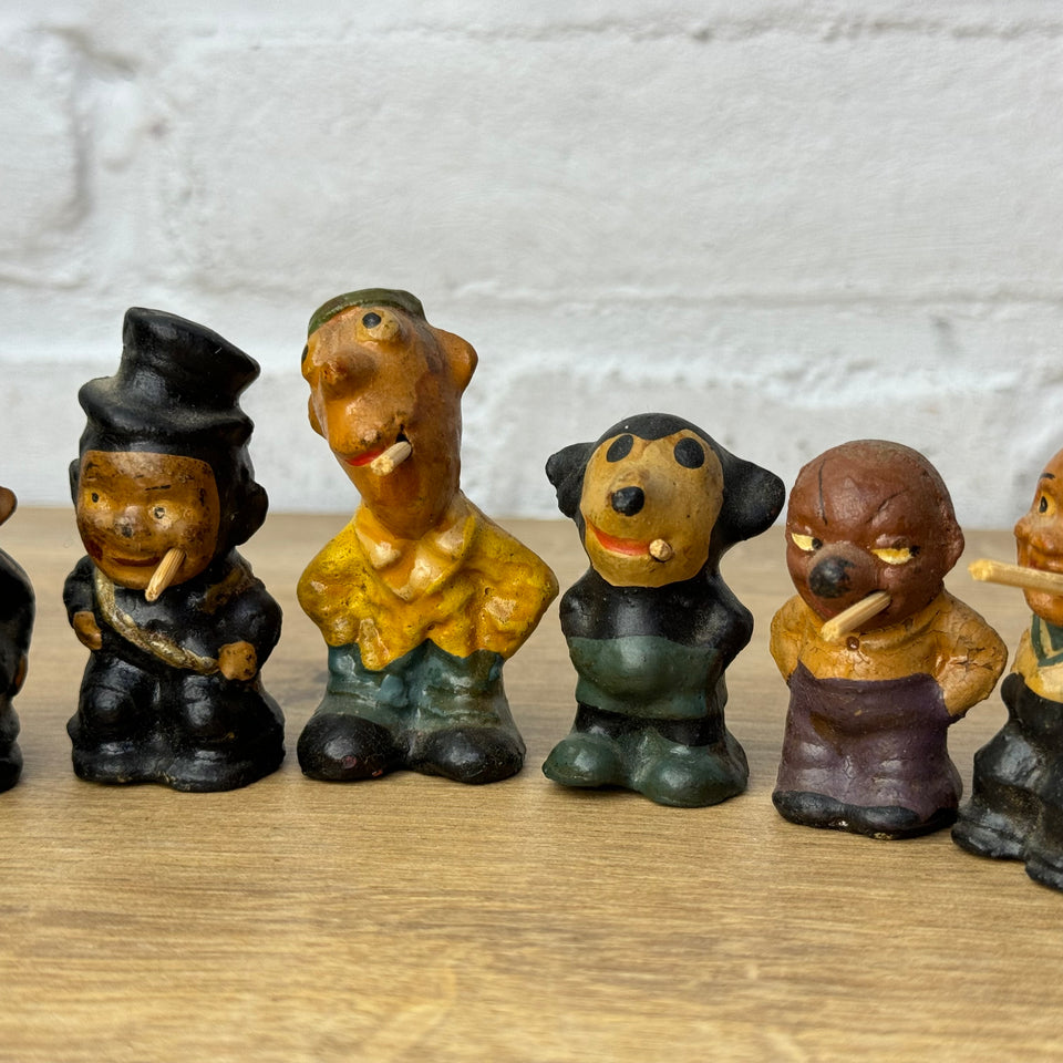 Large set of 6 figures - Stabchen Raucher Macky Smoker figurines and a antique smoking Mickey Mouse