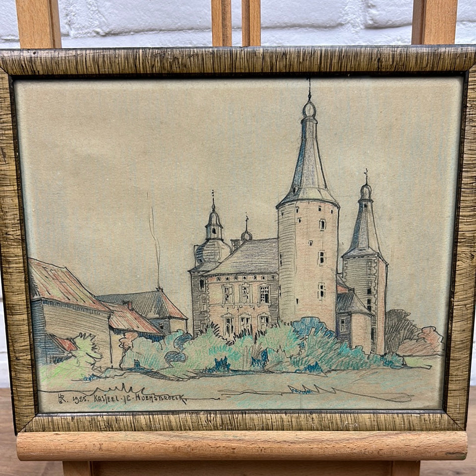 Kasteel te Hoensbroeck 1925 - Color pencil drawing of a castle in the Netherlands