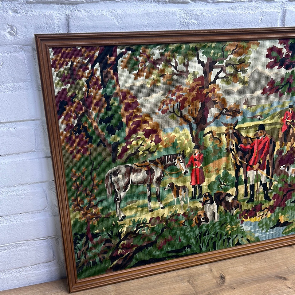 Large Vintage Hunting scene with hunters, horses and dogs  - Framed Embroidery - Cottonwork - Framed
