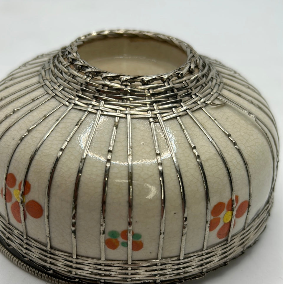 Unique Asian hand painted ceramic bowl with Silver plated handles and decorations