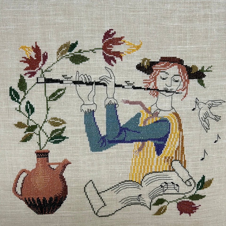 Flute player - Doce Music - Vintage Embroidery - Tapestry - Patchwork - Cotton work - Framed