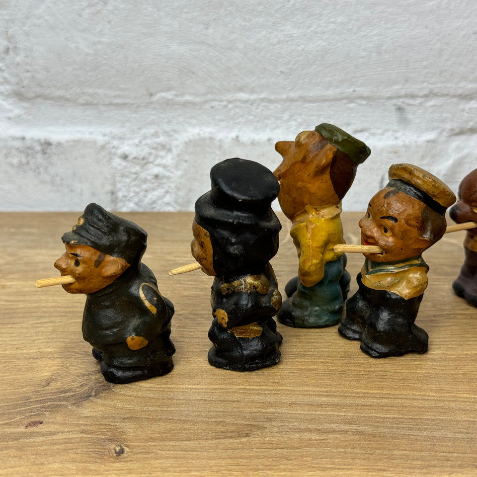 Large set of 6 figures - Stabchen Raucher Macky Smoker figurines and a antique smoking Mickey Mouse