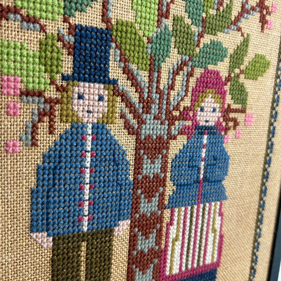 Antique Embroidery Cross Stitch - Vintage Embroidery - Tapestry - Patchwork - Cotton work - Framed