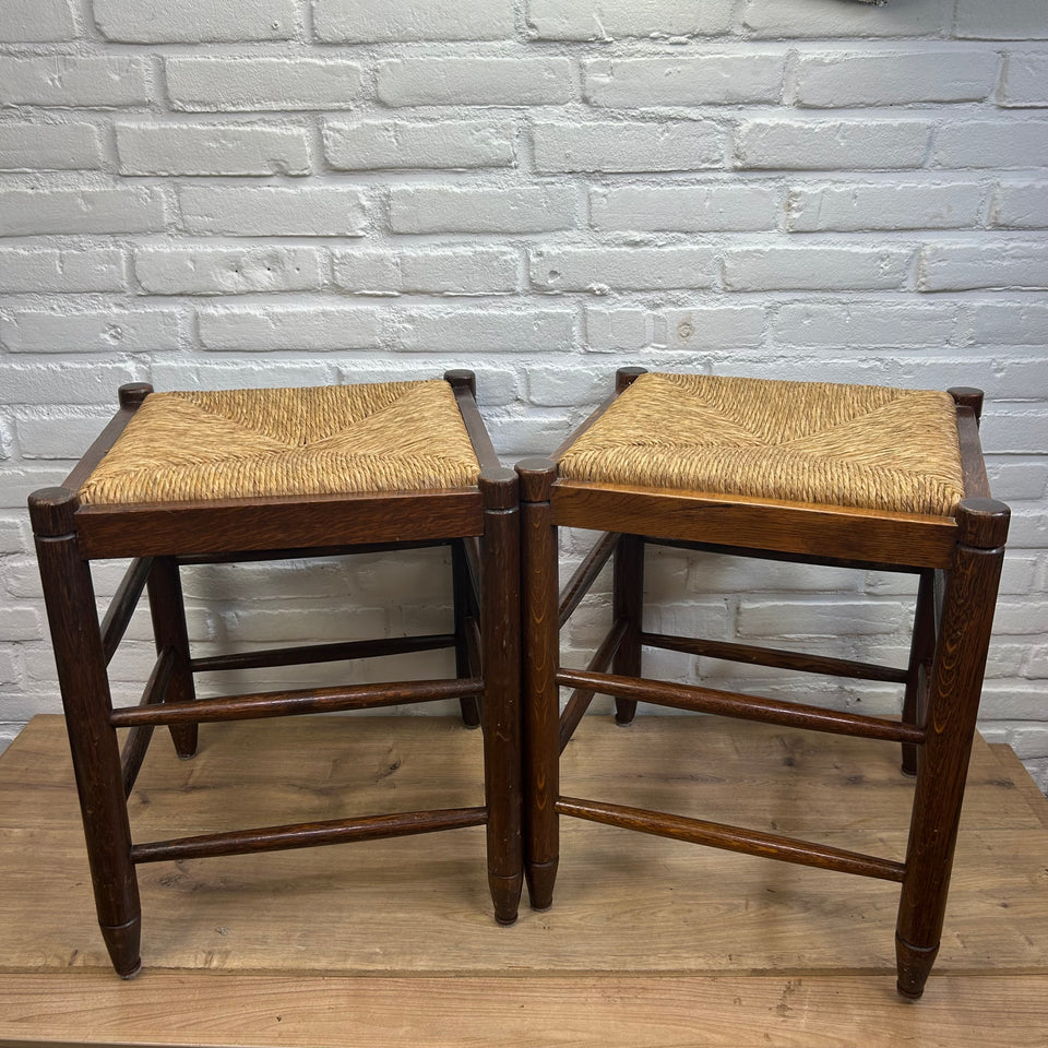 Mid-century modern wooden rattan stools