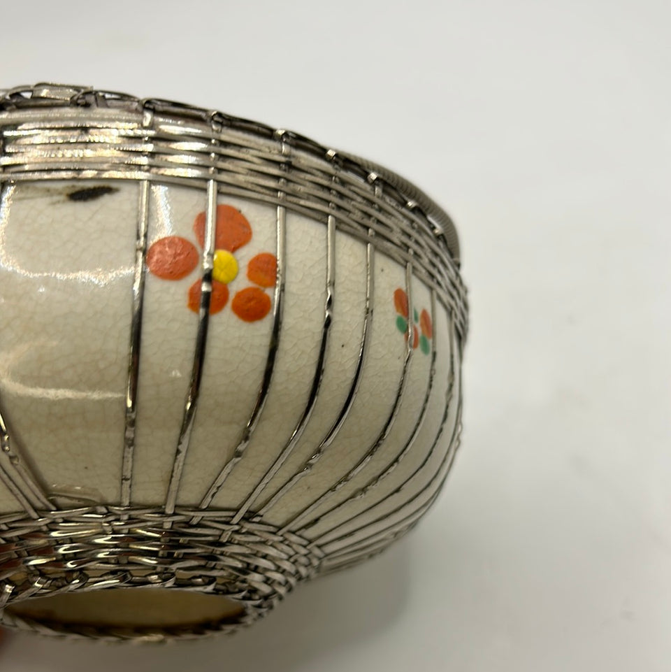 Unique Asian hand painted ceramic bowl with Silver plated handles and decorations