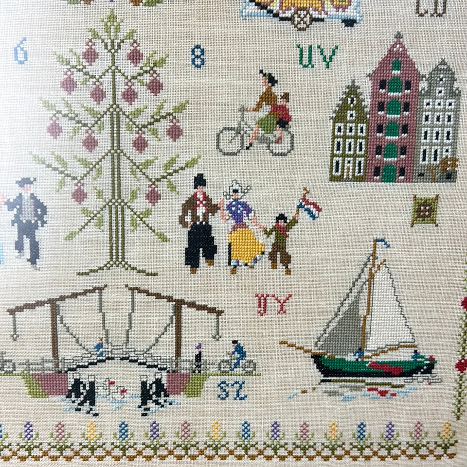 Vintage Sampler Dutch Scenes from Holland Embroidery - Tapestry - Patchwork - Cotton work - Framed