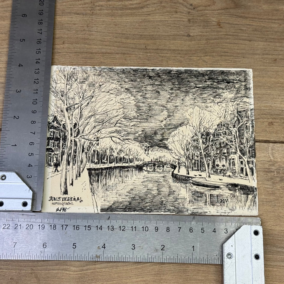 Original Ink Drawing Amsterdam - Herengracht in winter time - Henk Visser - Ink drawing on front and back