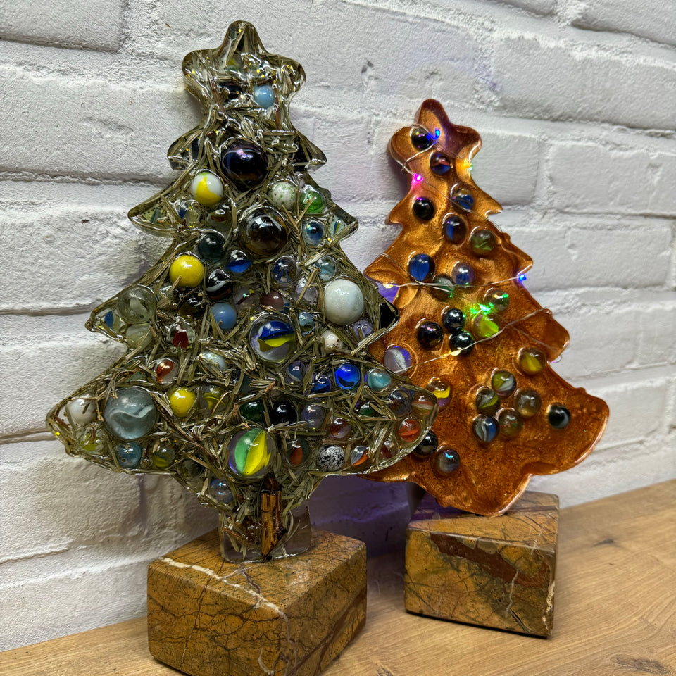 Resin & Marbles Christmas tree with real pine needles and glass Marbles in epoxy