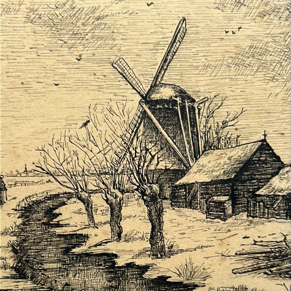 Black Pen ink drawing of Dutch Landscape