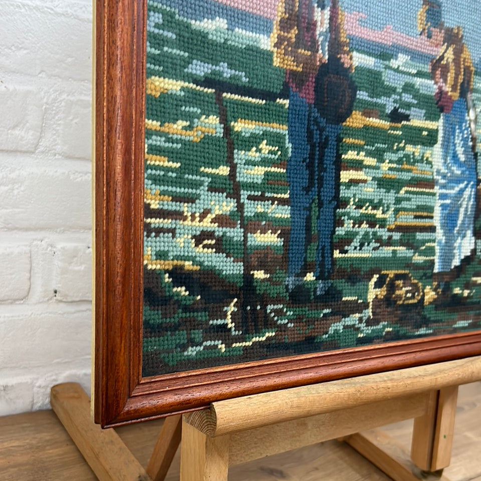 Vintage Farmers Larger Embroidery - Tapestry - Patchwork - Cotton work - Framed