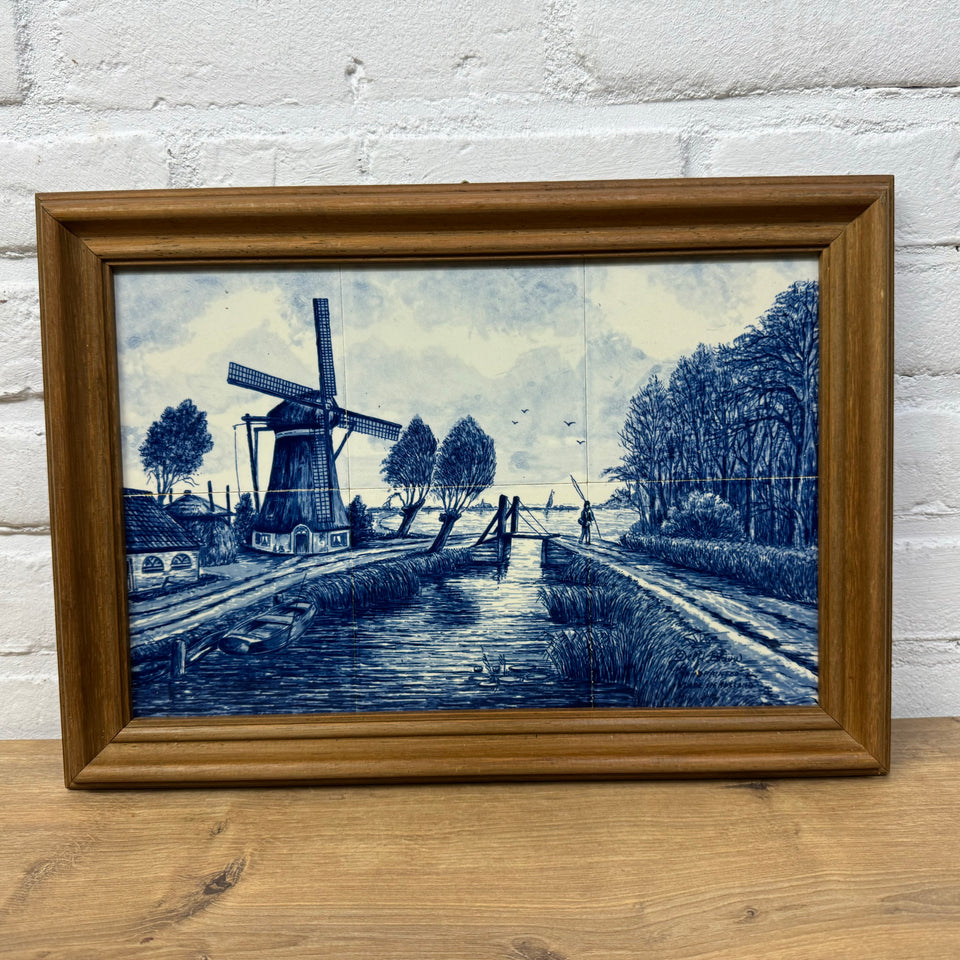 Delfts Blue wall plate painting of a Dutch Landscape - 6 framed ceramic tiles