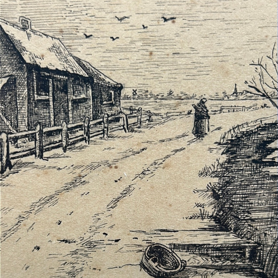 Black Pen ink drawing of Dutch Landscape