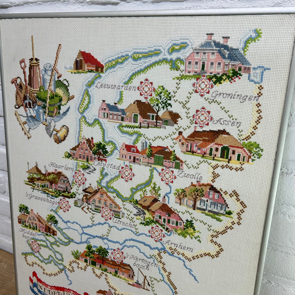 Holland Map Embroidery - Cottonwork - Holland themed work - Framed