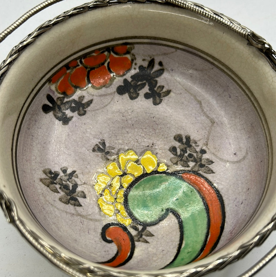 Unique Asian hand painted ceramic bowl with Silver plated handles and decorations