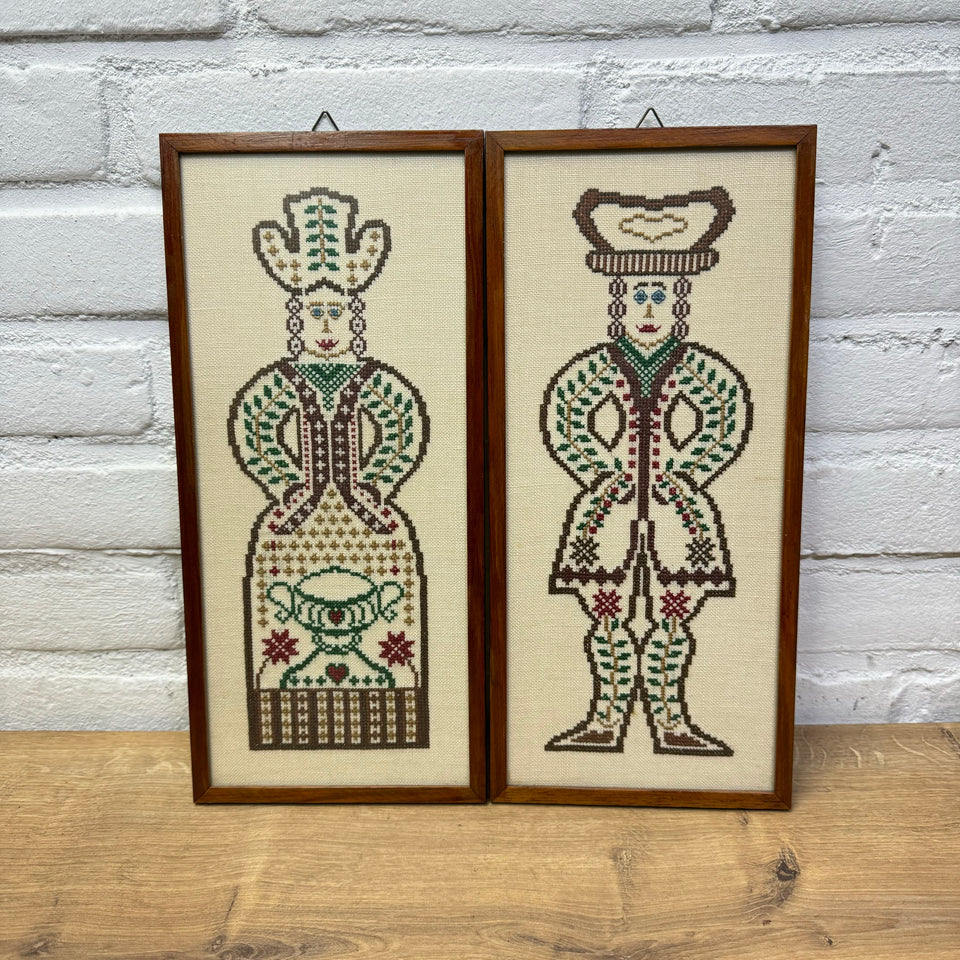 A couple of two folk art figures - Cross-Stitch Embroidery - Cottonwork - Framed