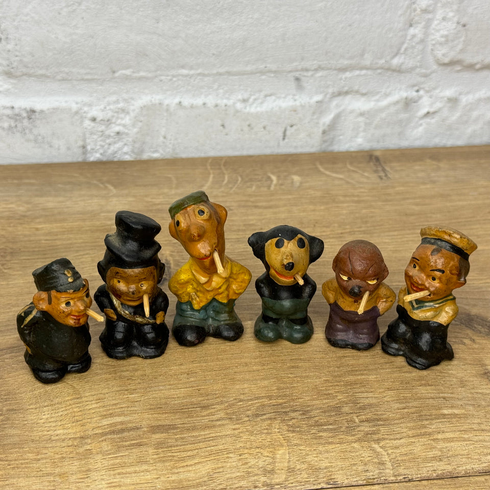 Large set of 6 figures - Stabchen Raucher Macky Smoker figurines and a antique smoking Mickey Mouse