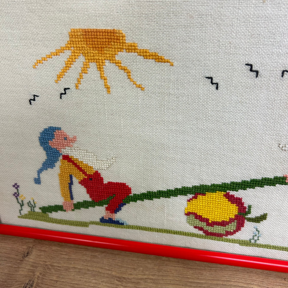 Small Vintage Embroidery of playing Gnomes Kabouters - Cottonwork - Framed