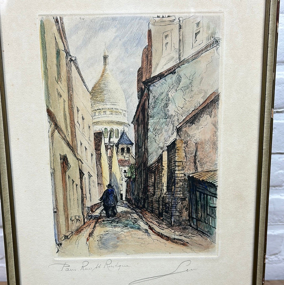 Framed Colored etching Paris “Rue Saint-Rustique à Montmartre”