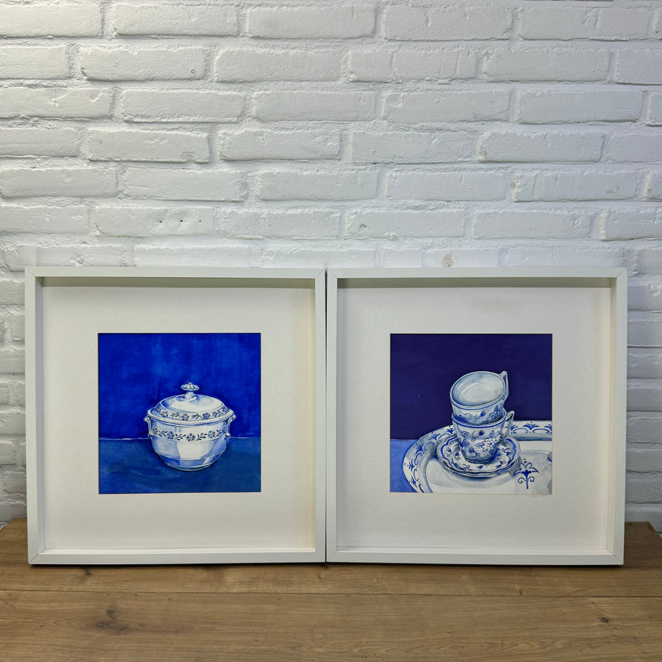 Two original paintings of Delft Blue ceramic from Holland.