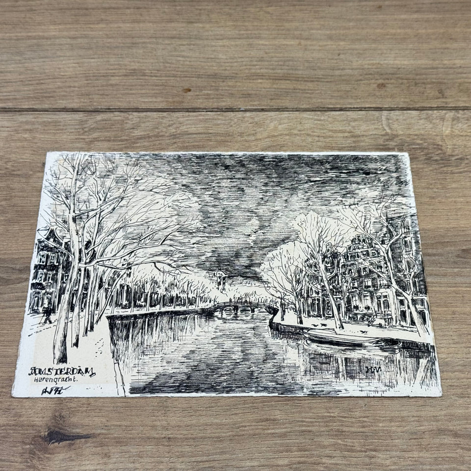 Original Ink Drawing Amsterdam - Herengracht in winter time - Henk Visser - Ink drawing on front and back