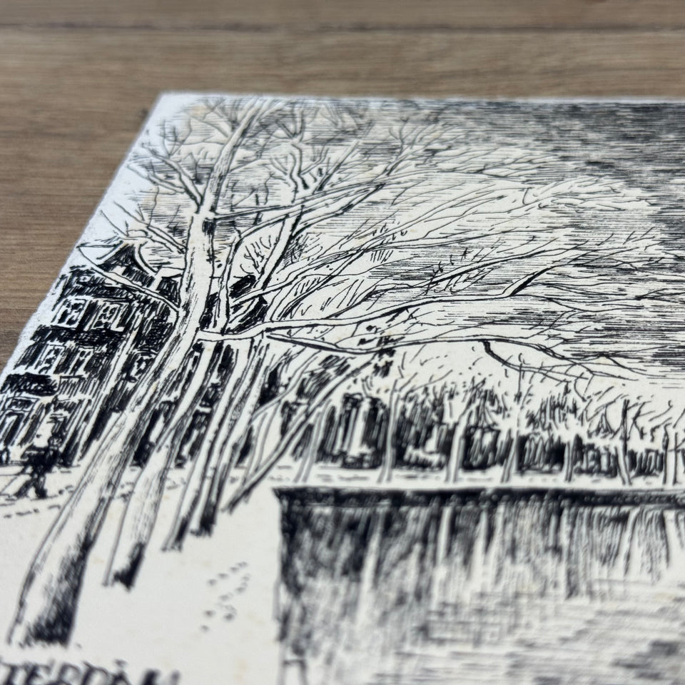 Original Ink Drawing Amsterdam - Herengracht in winter time - Henk Visser - Ink drawing on front and back