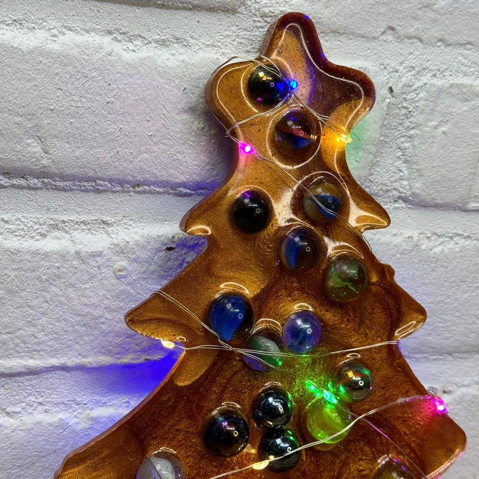 Glass Marbles Christmas tree - Gold Resin epoxy art with colored lights