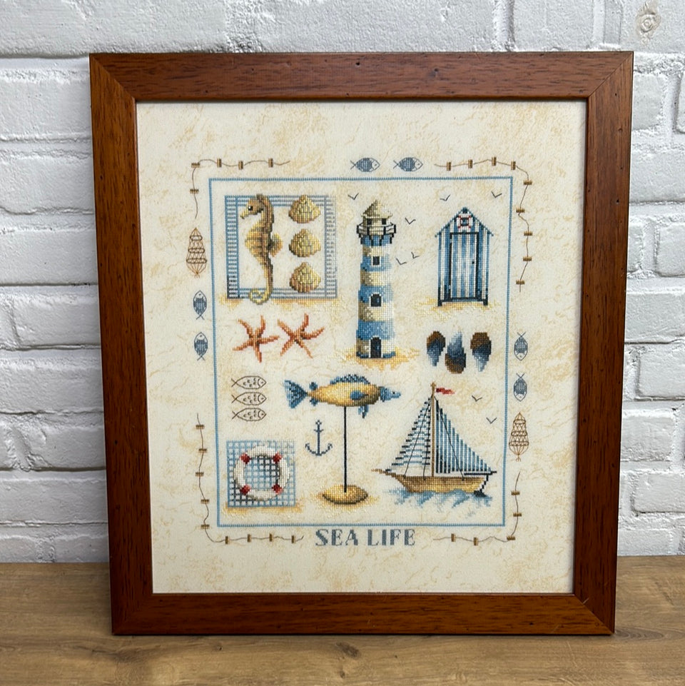 Sea Life - Embroidery - Cottonwork - Antique Sampler - Framed behind glass