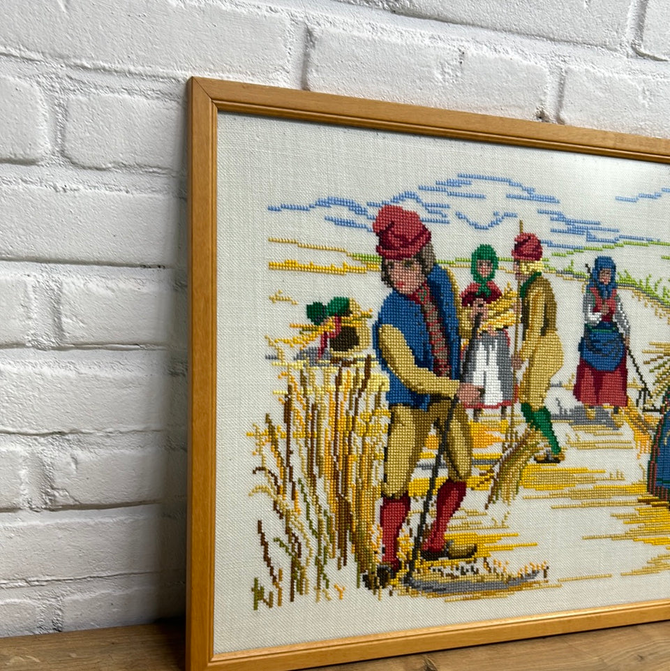 Vintage Dutch Farmers Larger Embroidery - Tapestry - Patchwork - Cotton work - Framed