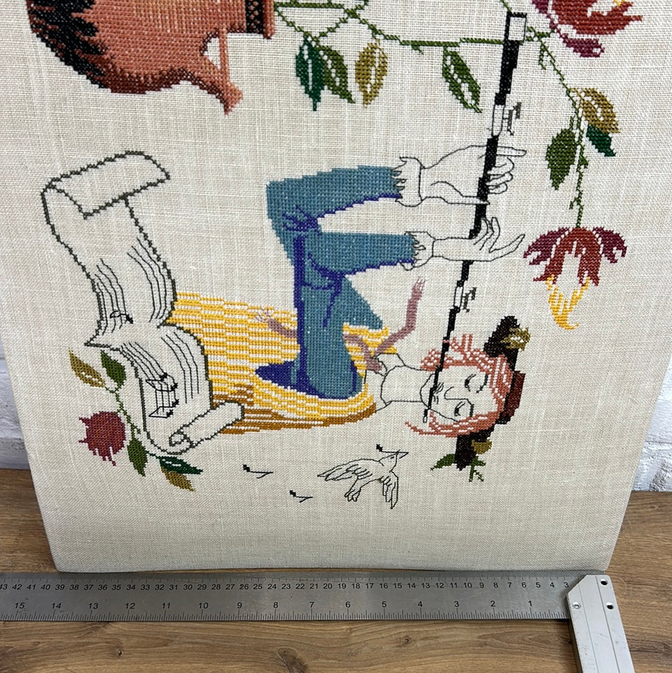 Flute player - Doce Music - Vintage Embroidery - Tapestry - Patchwork - Cotton work - Framed