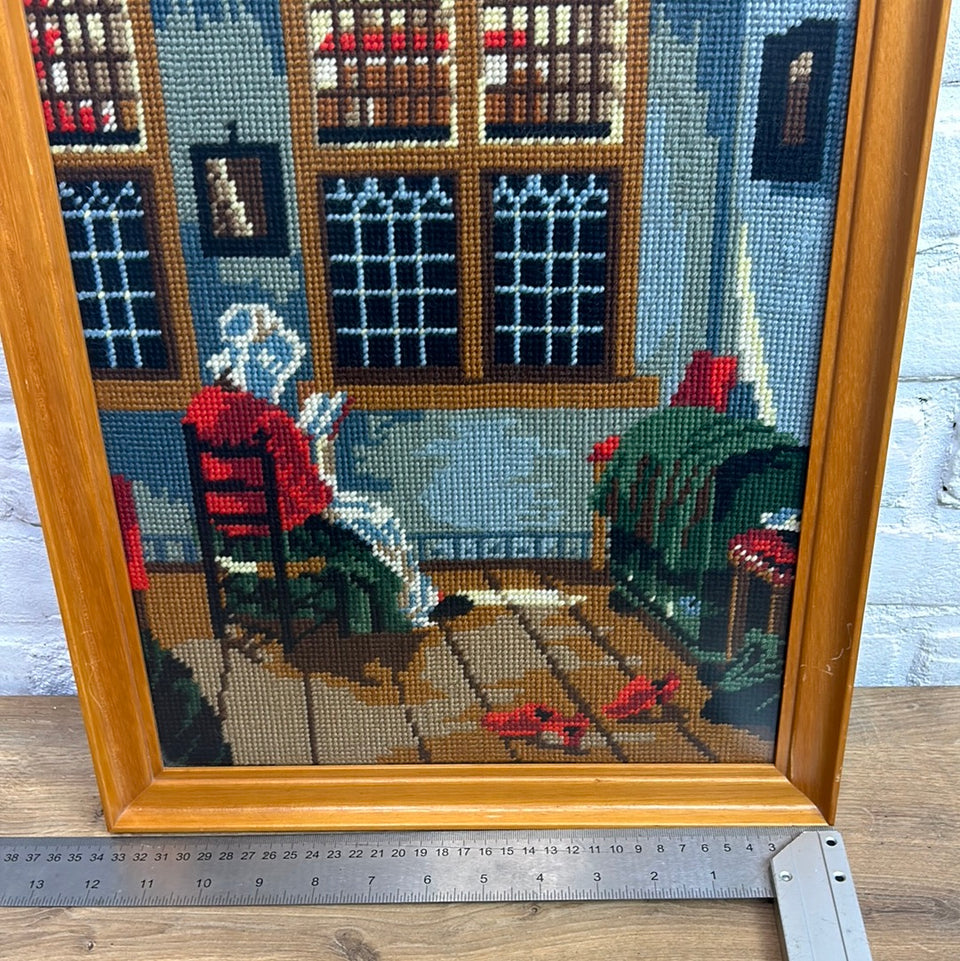 Vintage Vermeer painting of woman reading book -  Embroidery - Cottonwork - Framed