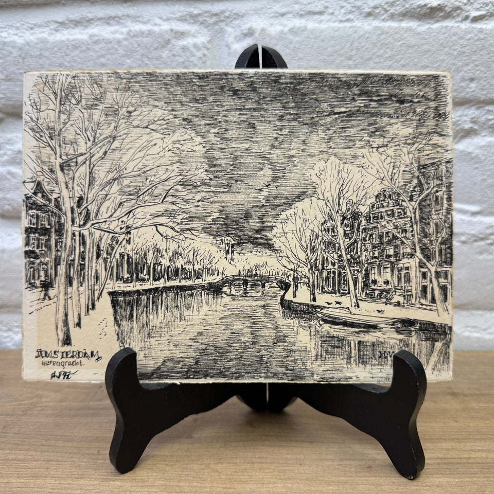 Original Ink Drawing Amsterdam - Herengracht in winter time - Henk Visser - Ink drawing on front and back