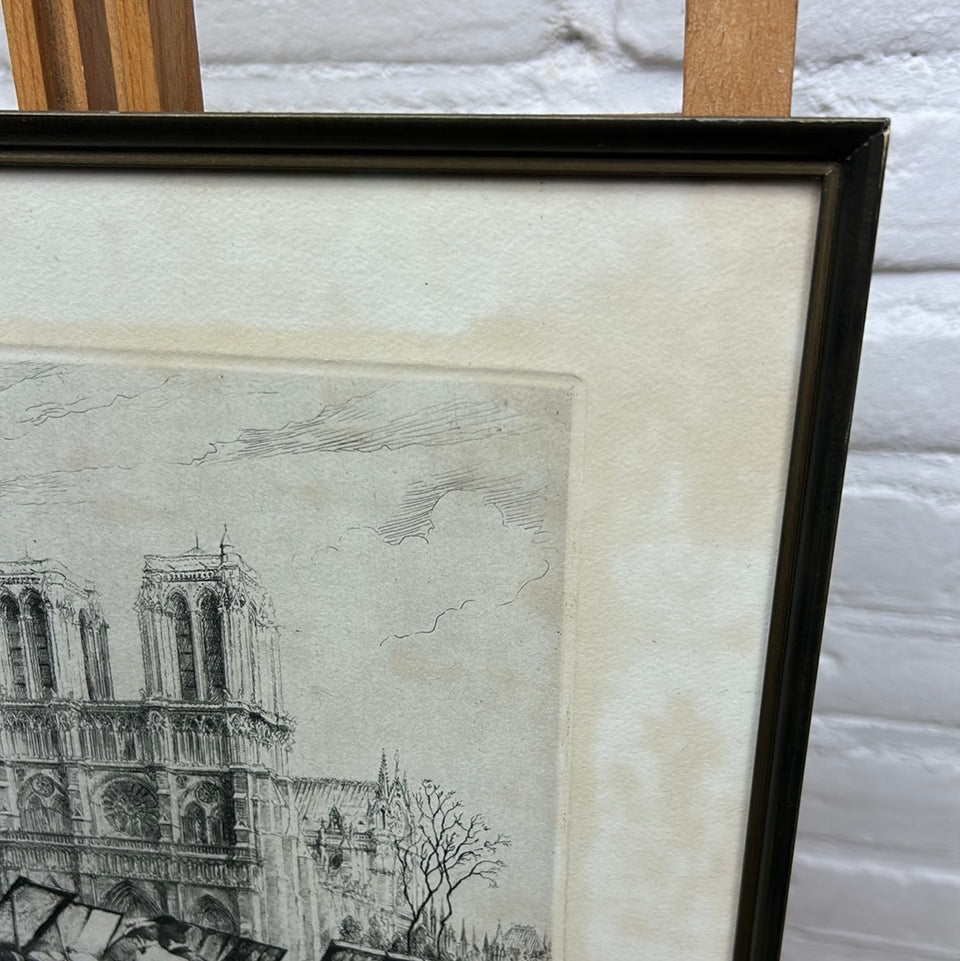 Framed etching Paris “Les Bouquinistes Notre Dame “