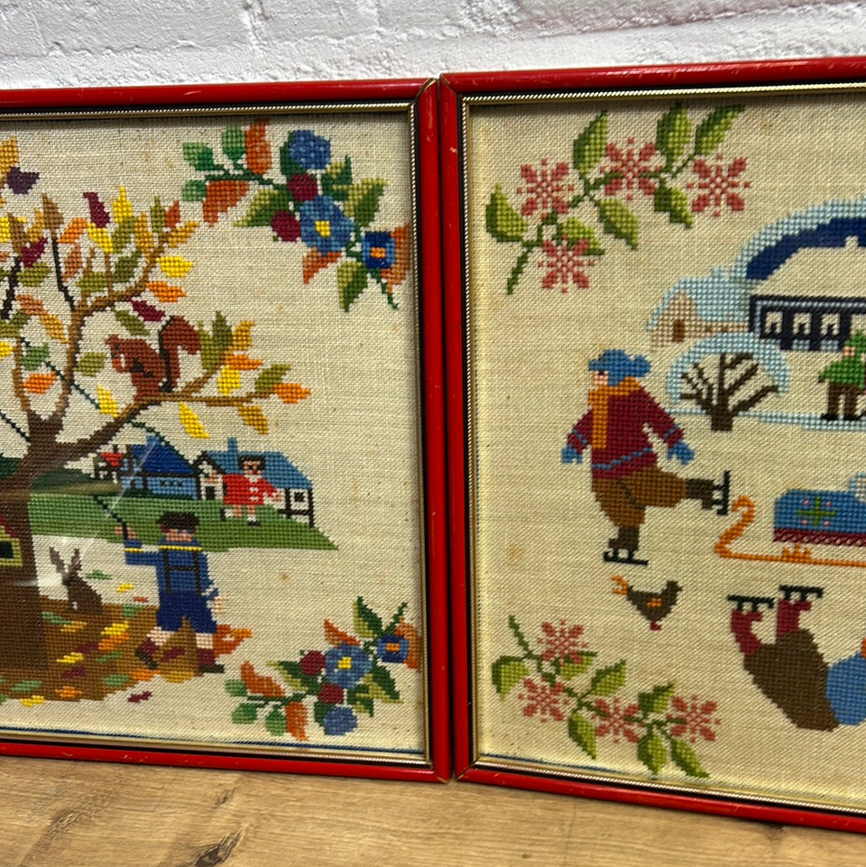 Autumn & Winter Embroideries - Tapestry - Patchwork - Cotton work - Framed behind glass