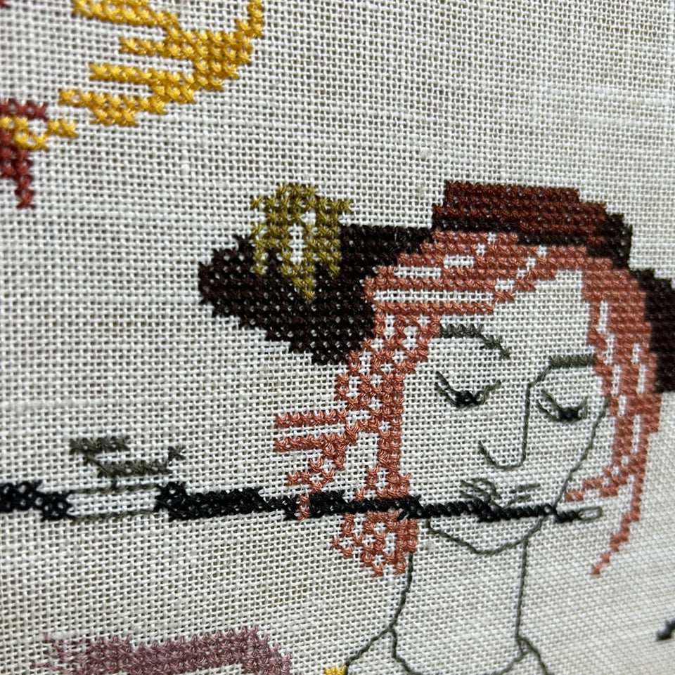 Flute player - Doce Music - Vintage Embroidery - Tapestry - Patchwork - Cotton work - Framed
