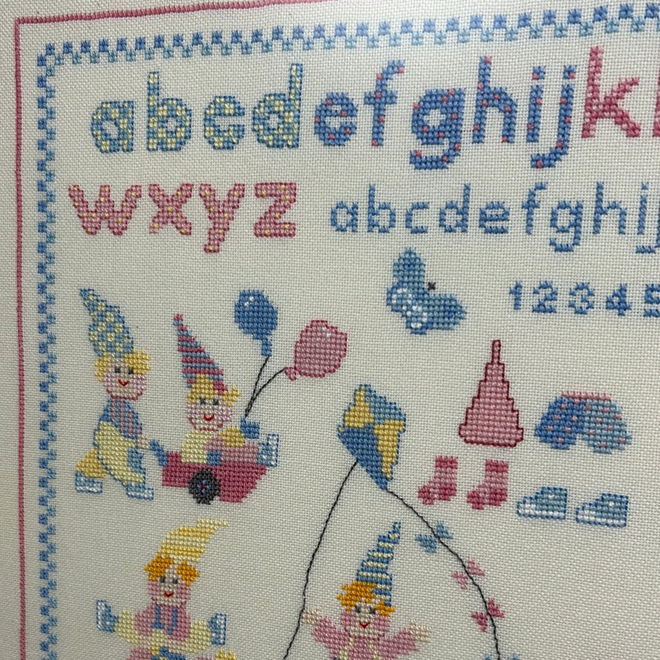 Alphabet Gnomes playing - Kids room Embroidery - Cottonwork - Framed