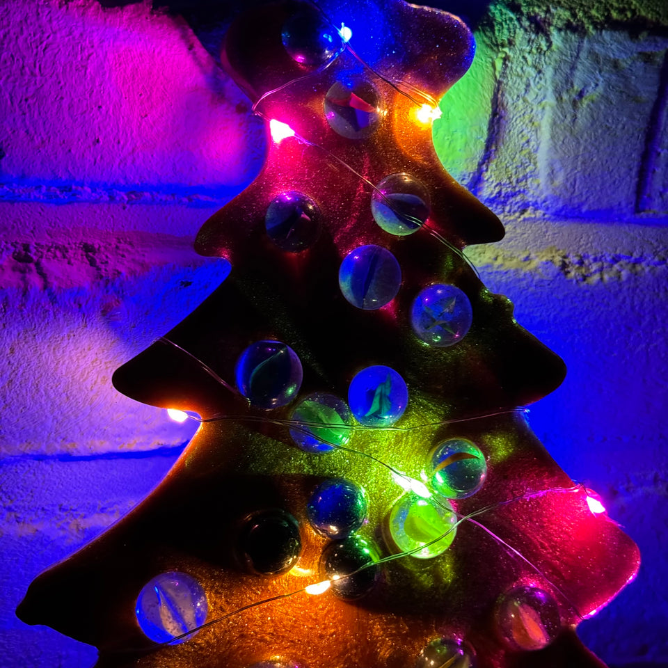 Glass Marbles Christmas tree - Gold Resin epoxy art with colored lights