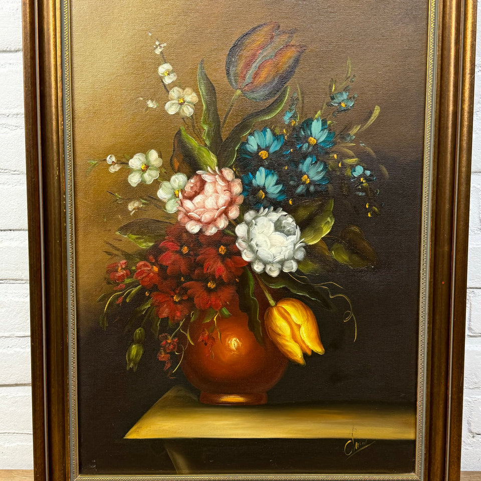 Still life bouquet of flowers - Oil painting in wooden frame