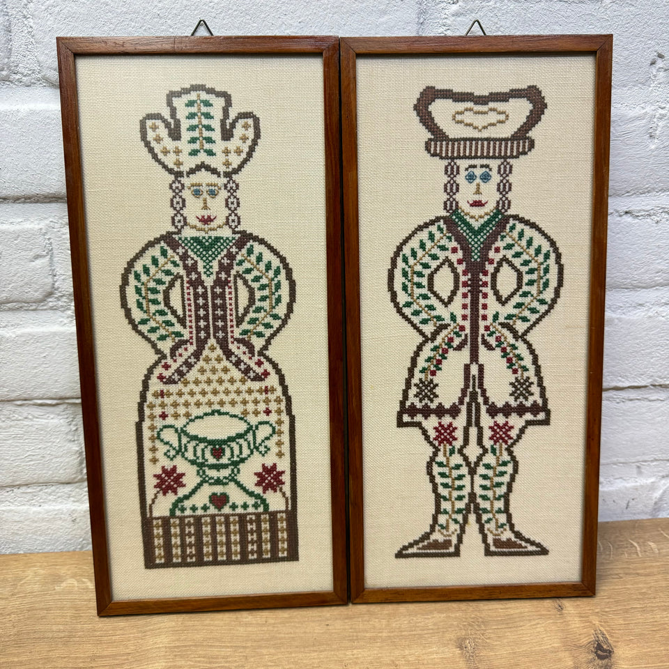 A couple of two folk art figures - Cross-Stitch Embroidery - Cottonwork - Framed