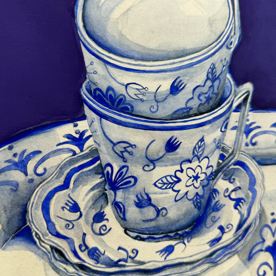 Two original paintings of Delft Blue ceramic from Holland.