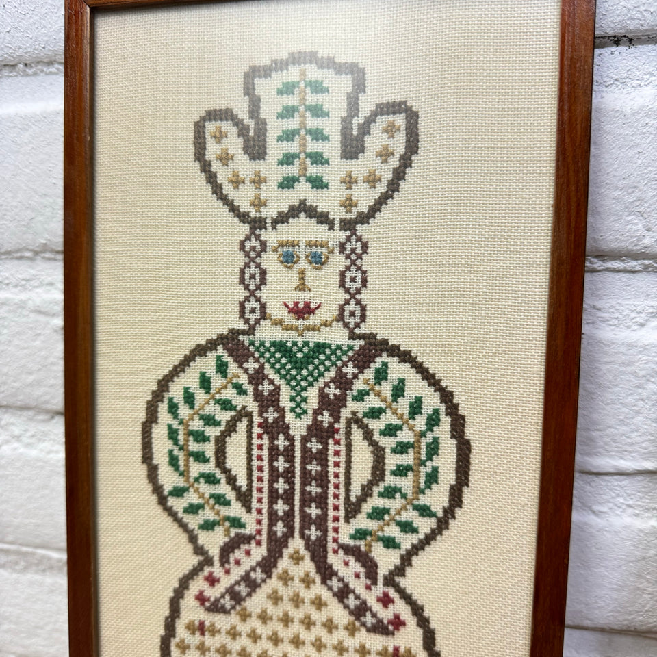 A couple of two folk art figures - Cross-Stitch Embroidery - Cottonwork - Framed