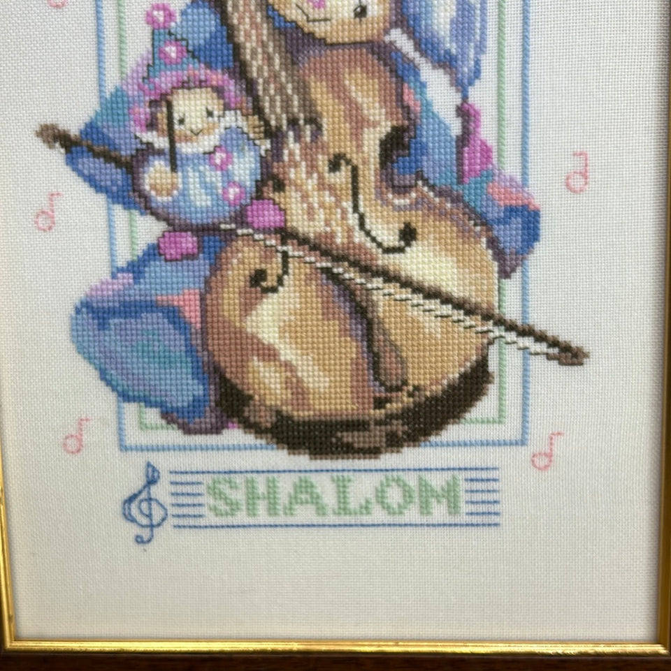 Mouse playing Violin Shalom - Children’s room - Embroidery - Tapestry - Patchwork - Cotton work - Framed