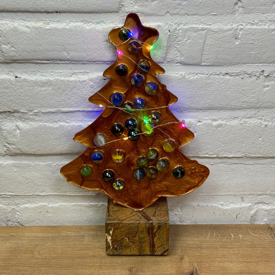 Glass Marbles Christmas tree - Gold Resin epoxy art with colored lights