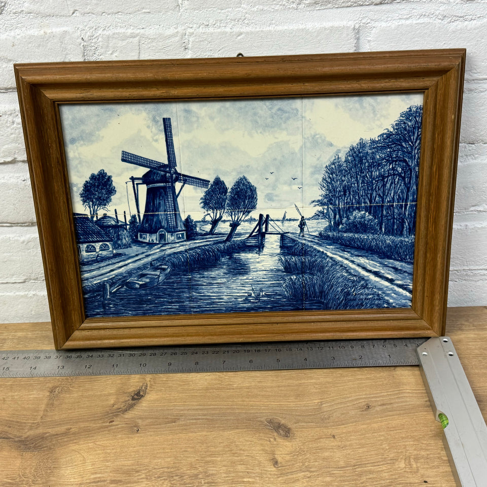 Delfts Blue wall plate painting of a Dutch Landscape - 6 framed ceramic tiles