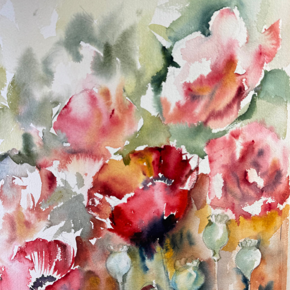 Large watercolor painting: Abstract Flowers by Coraline Bäcker
