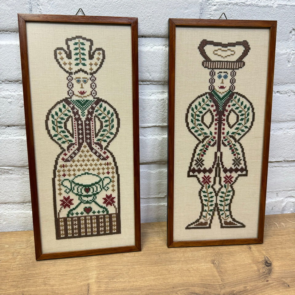 A couple of two folk art figures - Cross-Stitch Embroidery - Cottonwork - Framed