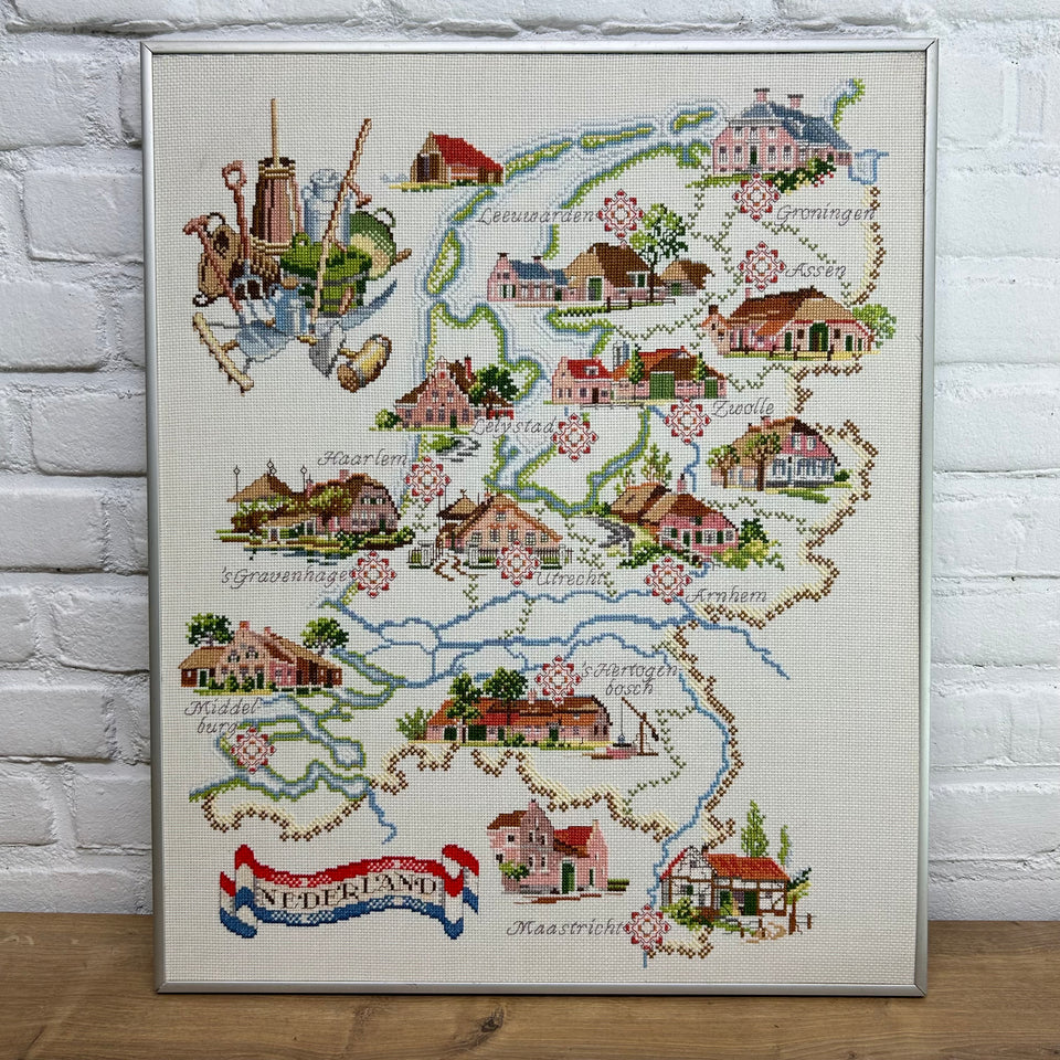 Holland Map Embroidery - Cottonwork - Holland themed work - Framed