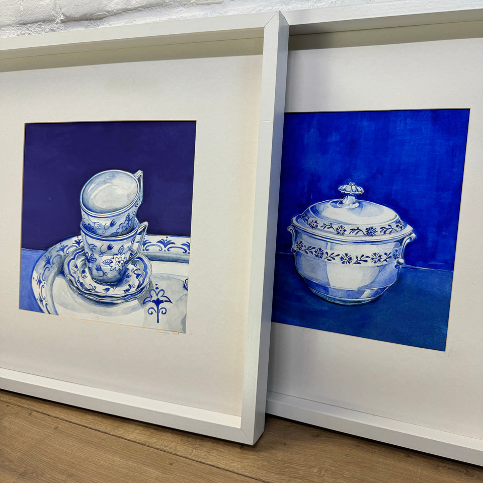 Two original paintings of Delft Blue ceramic from Holland.